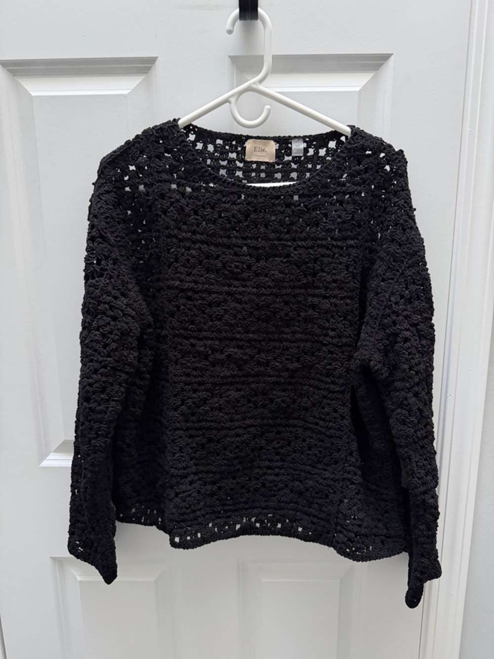 Tahari Black Open-Knit Black Crochet Crewneck Sweater Size M